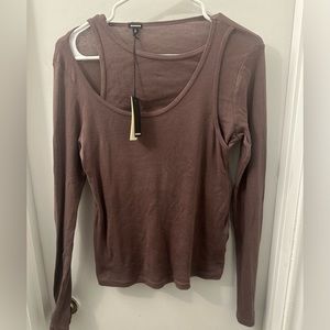 NWT Monrow Asymmetric Long Sleeve Top brown size small